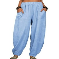 Ženske hlače široke platnene hlače široke širine s džepovima ulične hlače jednobojne hlače nebesko plave boje