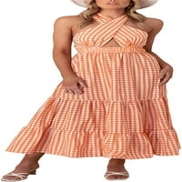 + Ženska ljetna Karirana Maksi haljina s naramenicama seksi ležerna haljina s izrezom na leđima duga haljina A