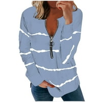 Zip up dukseri za žene padaju moda labavi labavi prugasti print rever v vrat dugi rukav pulover na klirensu