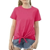 Ljetni casual topovi za djevojčice, majica s prednjim čvorom za djevojčice, jednobojna, kratkih rukava i okruglog