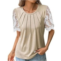Ljetni vrhovi za žene, Ženska ležerna jednobojna Majica, čipkasta bluza s kratkim rukavima S Kaki vratom