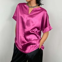 Ženska modna ljetna satenska majica s džepom od izreza valjana ruba kratkih rukava labavi ležerni vrh