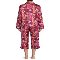 Ženski set pidžame od satenskog gornjeg dijela i hlača s printom u 2 komada