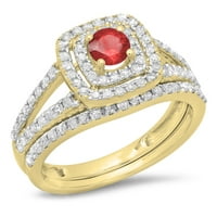 Set zaručničkog prstena od 14 karatnog okruglog rubina i bijelog dijamanta od 7,5 inča, žuto zlato