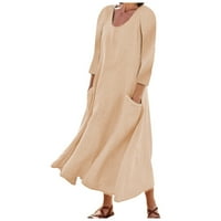 Ženska modna ležerna jednobojna haljina od pamuka i lana bez rukava s džepovima u bež boji