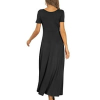 Ženska ljetna duga haljina s kratkim rukavima, ležerna lepršava haljina s visokim usponom, Crna;