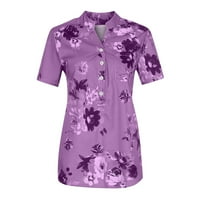Ženske ljetne bluze s izrezom u obliku slova U i cvjetnim printom, majice kratkih rukava u ljubičastoj boji u
