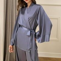 Ženski satenski pidžama Set kardigan s dugim rukavima s remenom svilena pidžama Set za spavanje s izrezom u obliku