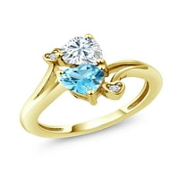 Ženski srebrni prsten s dvostrukim srcem od švicarskog plavog topaza s moissanitom, prekriven žutim zlatom od