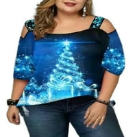 + / Ženske platnene majice s printom božićnog drvca Plus size majica s perlicama s ramena