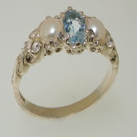 Ženski prsten od bijelog zlata od 18 karata britanske proizvodnje s prirodnim akvamarinom i kultiviranim biserima