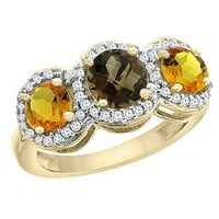 14k žuto zlato, prirodni dimljeni topaz i citrin sa strane, okrugli prsten od 3 kamena, dijamantni umetci, veličina