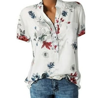 Ženski kratki rukavi cvjetni v vratni vrhovi ležerna tunična bluza gumb za labavu košulju gore Henley košulja,